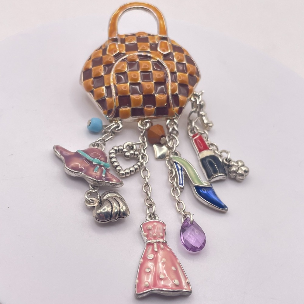 Vintage Y2K Enamel Checkerboard Purse Charm Brooch Novelty Fashion Pin Classic